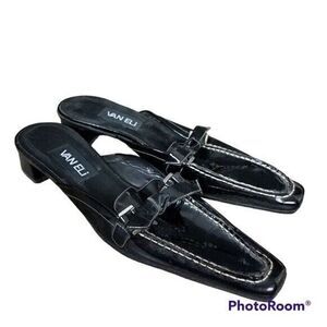 Vaneli 9N Black Shiny Heel Slides  Woman 9 Narrow Slip On Mules Career Work